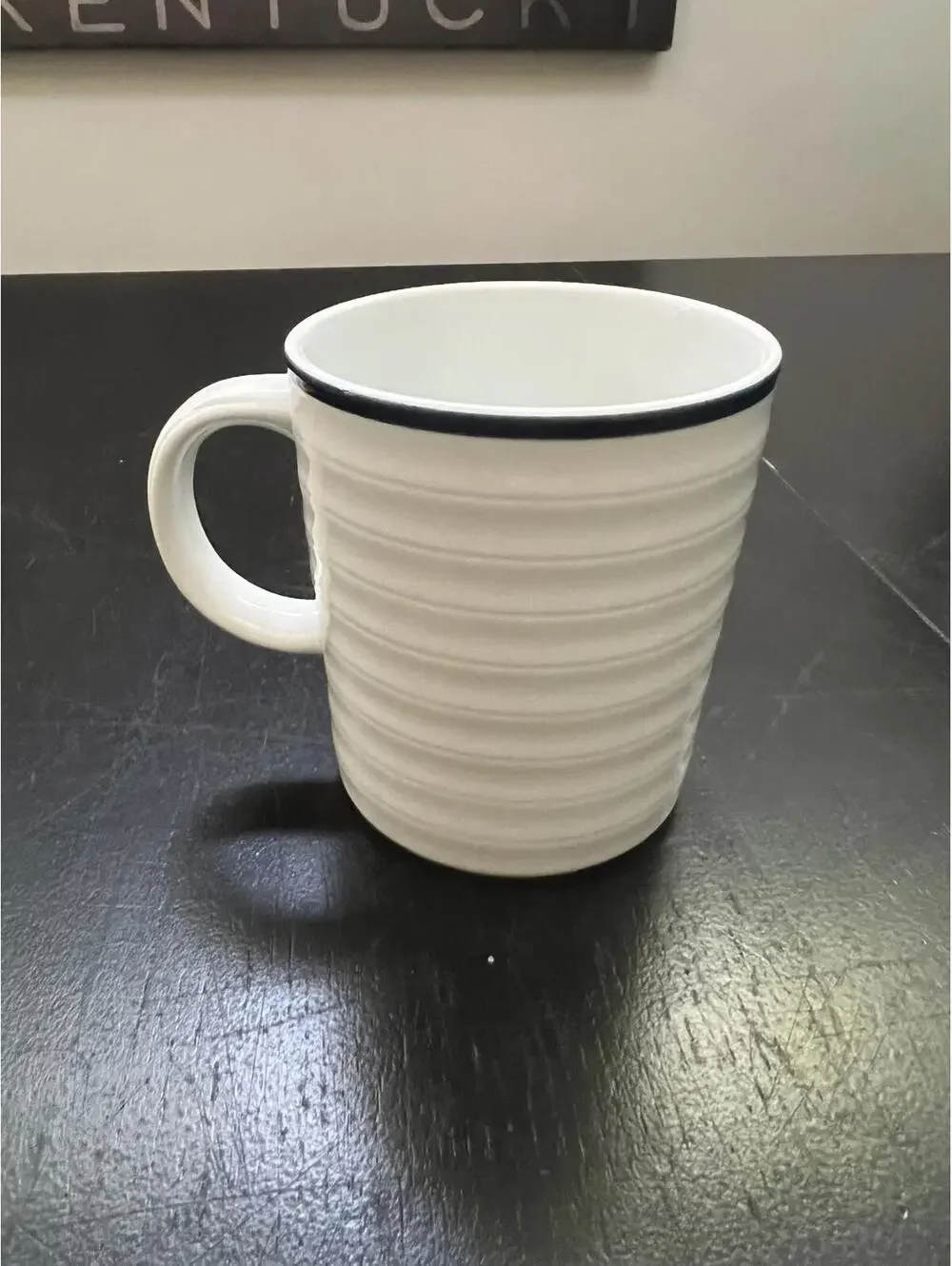 Crate & Barrel (4) White Ribbed Blue Trim Porcelain Mug